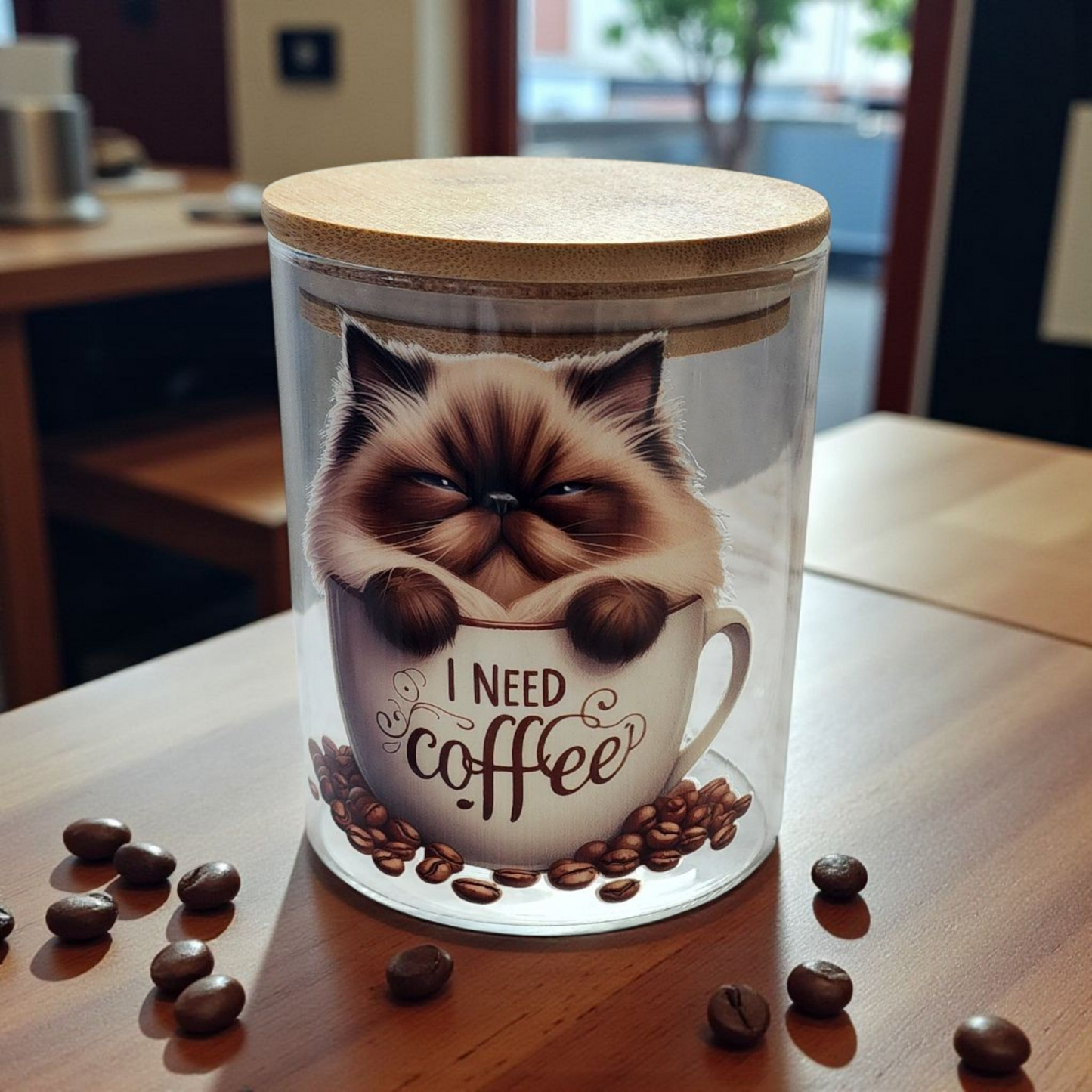 "I Need Coffee" Cat in Mug