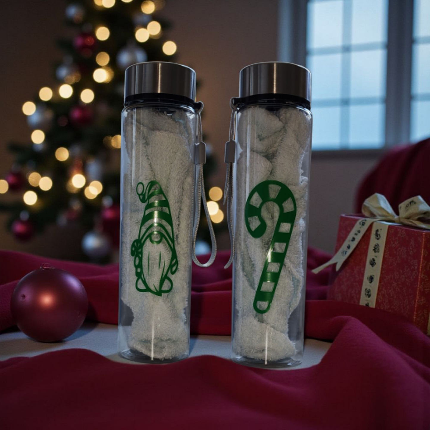 Green Gnome and Candy Cane Water Bottle