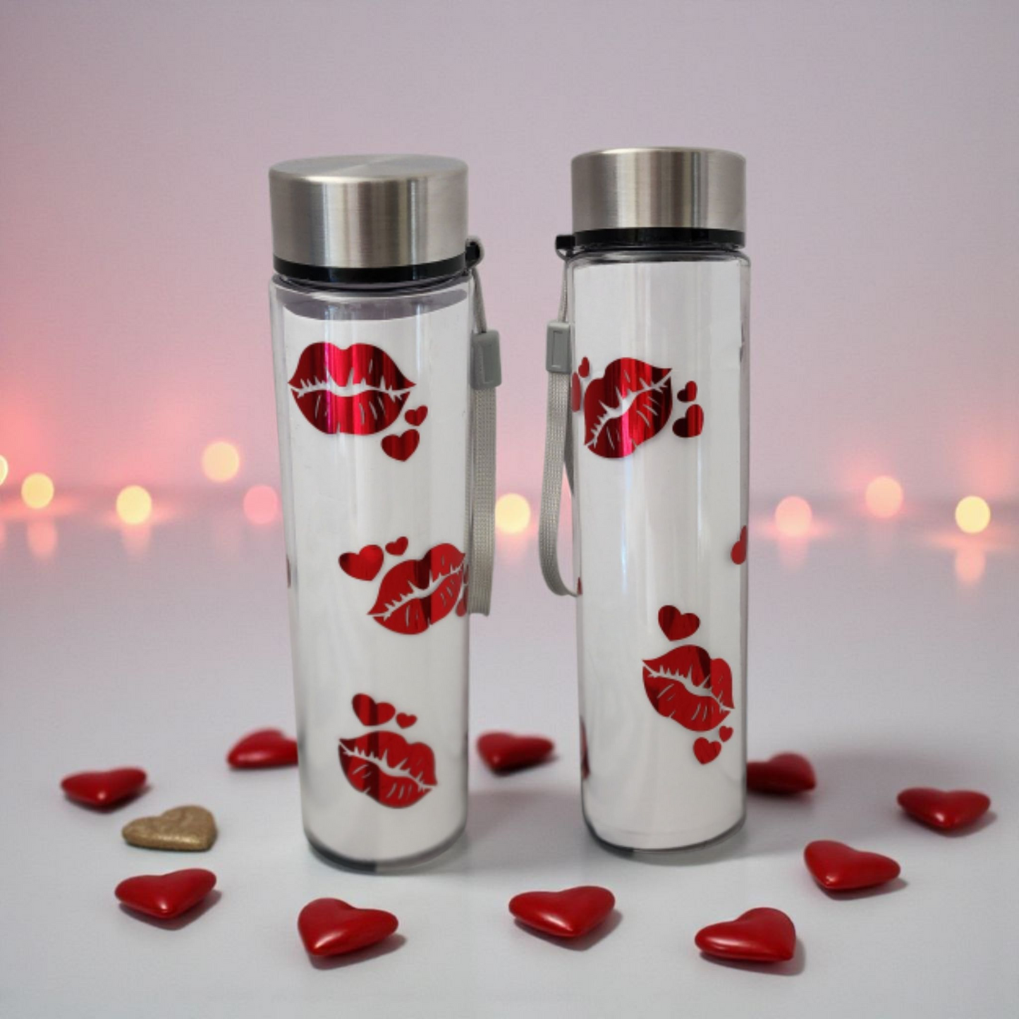 Red Lips and Hearts on Water Bottle
