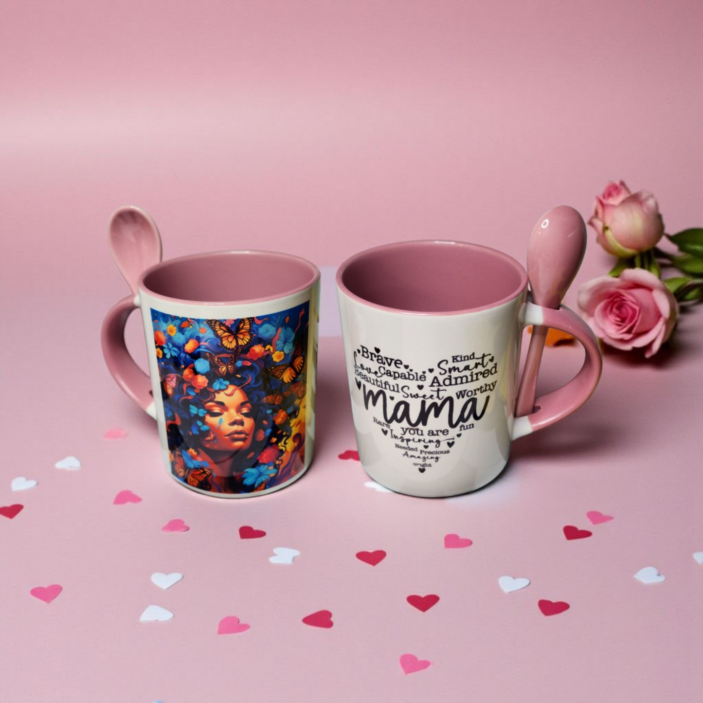 African American Woman with Flowered Afro and Mama Word Heart 11 oz Mug