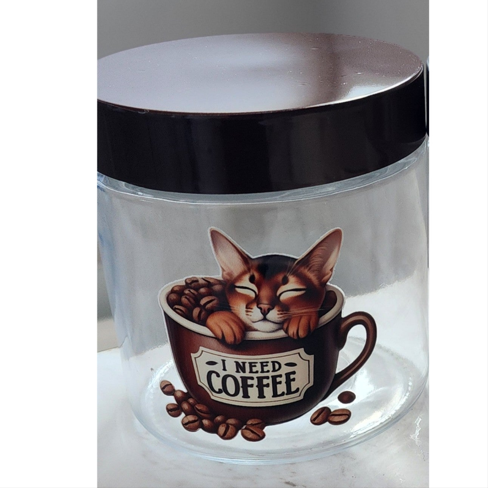 "I Need Coffee" Cat in Mug Jar