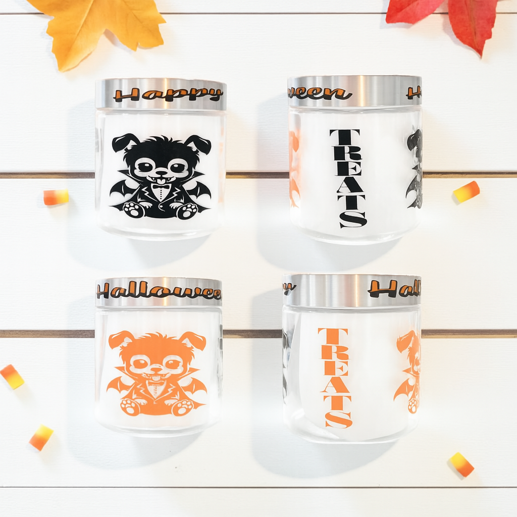 "Happy Halloween" on edges of Lid with Vampire Dog