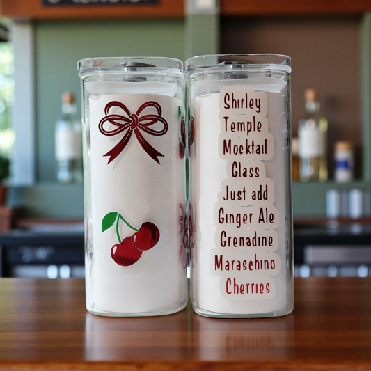 Red ribbons, cherries, and Shirley Temple recipe.