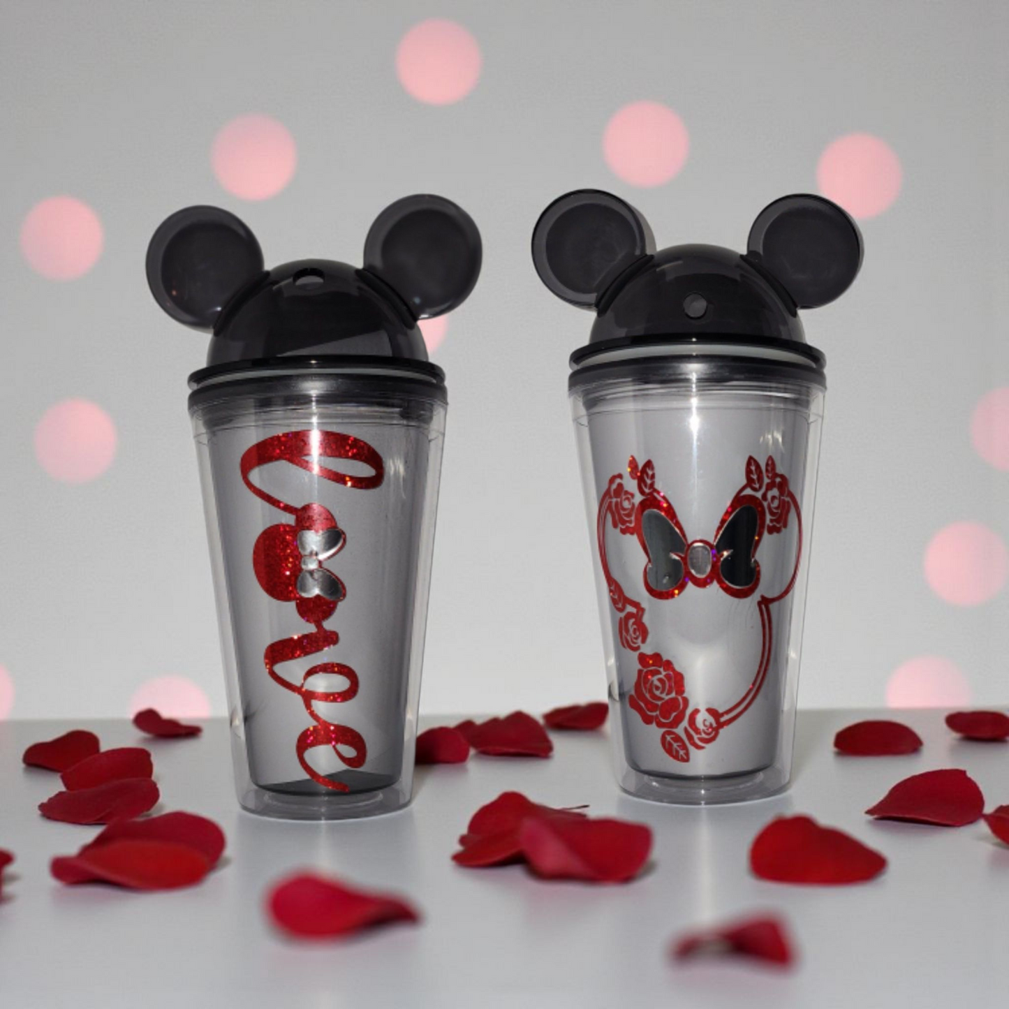 "Love" and Mouse Flower Face with Rhinestones on Ear Lid