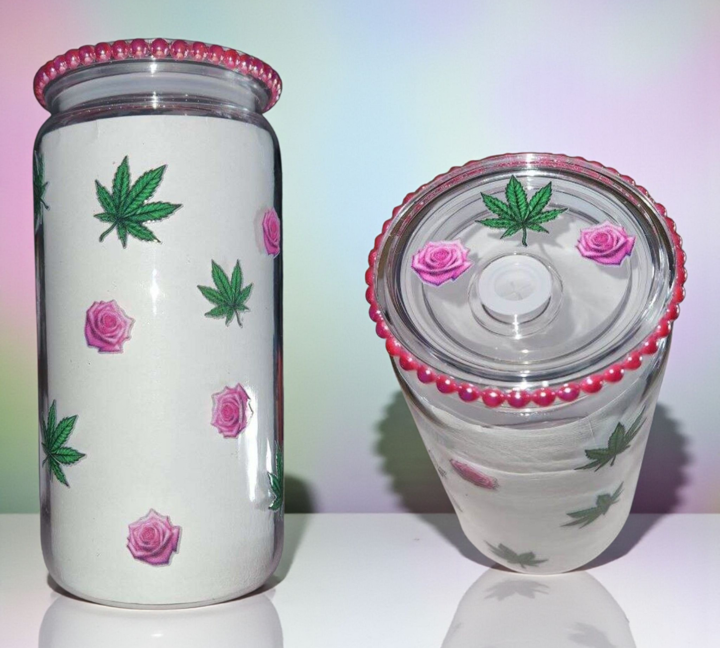 Rose/Leaf Design with Pink Stoned Lid Top