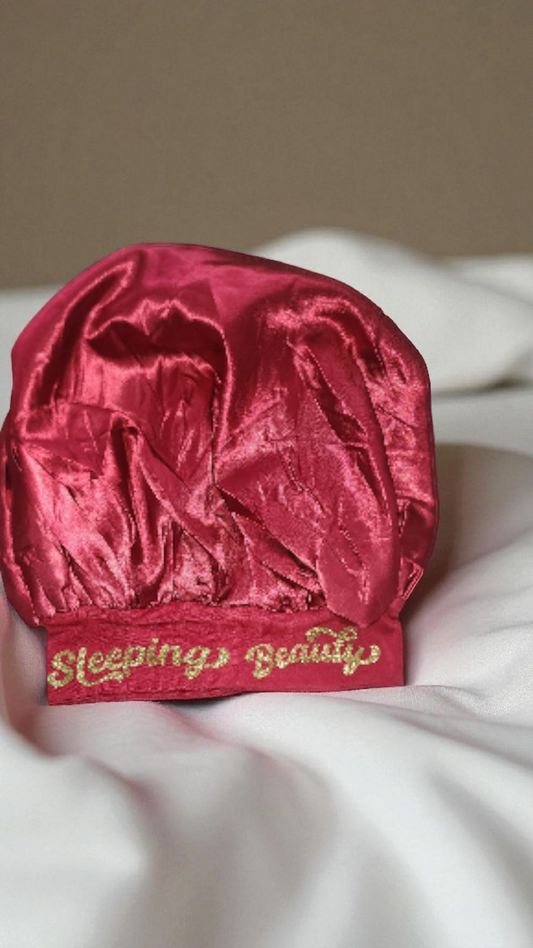 "Sleeping Beauty" in Gold Glitter on Satin Bonnet