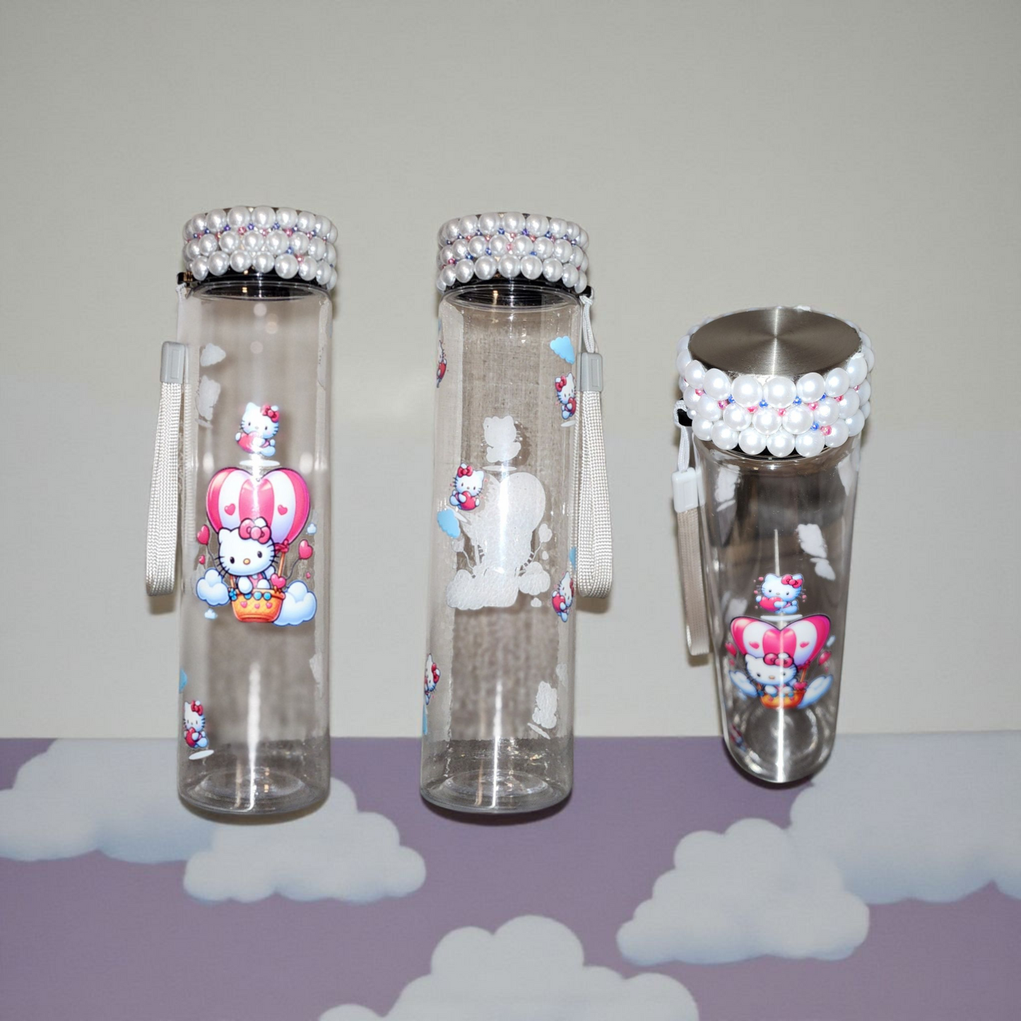 Kitty Air Balloon Theme Water Bottle with Pearl Rim Lid