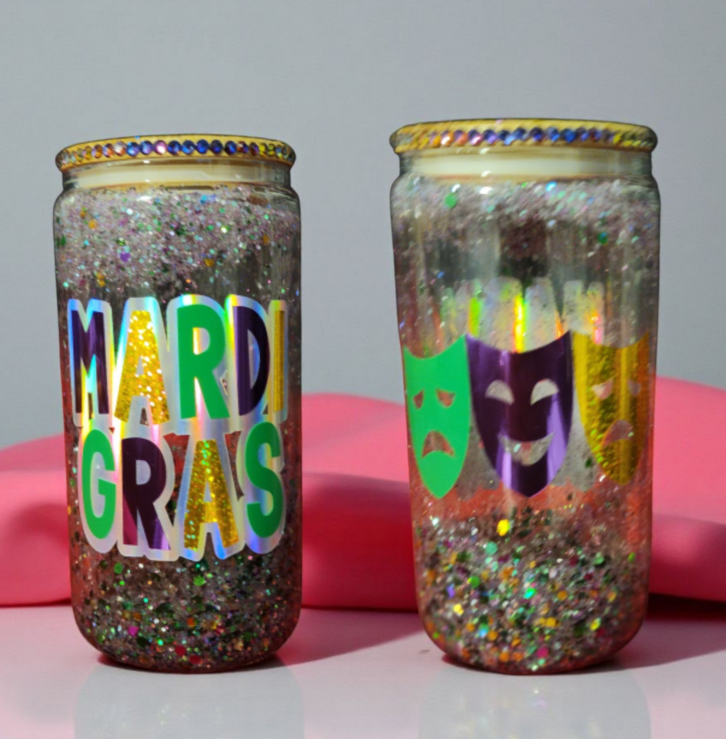 Mardi Gras Glass Snowglobe Can Tumbler