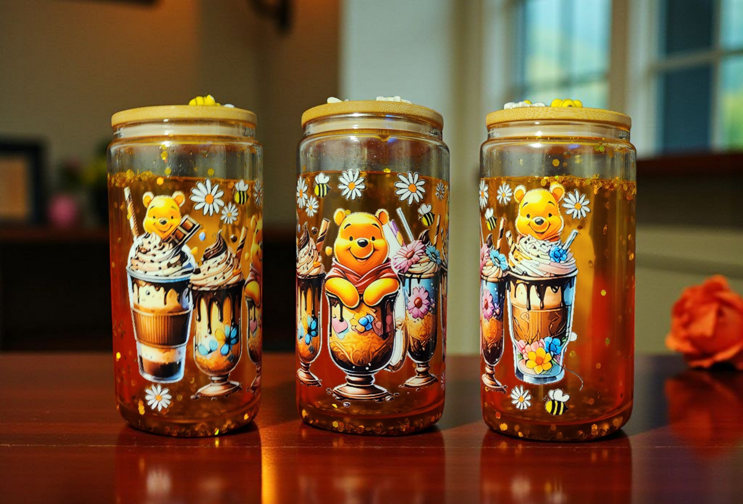 Pooh/Honey Theme Glass Snowglobe Can Tumbler
